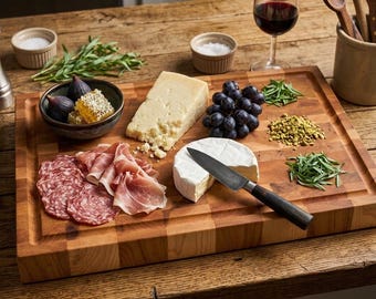 May include: A wooden charcuterie board with various food items. Includes cheese, grapes, salami, prosciutto, figs, honeycomb, and herbs. A knife rests on a round cheese. A glass of red wine and salt are also present.