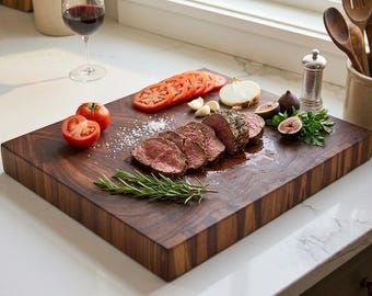 Personalized Walnut Cutting Board - Custom End Grain Chopping Block - 5th Anniversary Wood Gift - Luxury Engraved Kitchenware - Block Grain