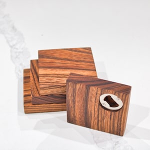 Zebra Wood Personalizable Coasters - with Bottle Opener - Set of 4