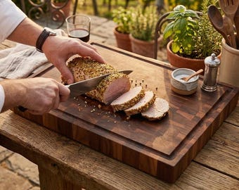 May include: A wooden cutting board with a carved edge holds sliced meat. The meat is being cut with a knife. A small bowl of salt, a pepper grinder, and wooden utensils are nearby. The scene is set outdoors.