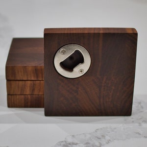 Bottle Opener Coasters - Walnut End Grain Personalizable Coasters - Set of 4