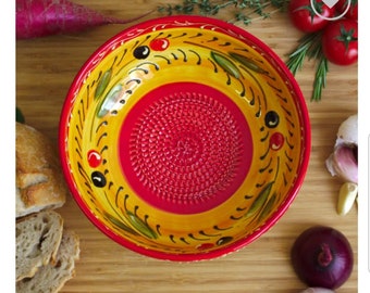 Large Rasp Bowl for Marinades and Dressings Orange Pier Olive Pattern
