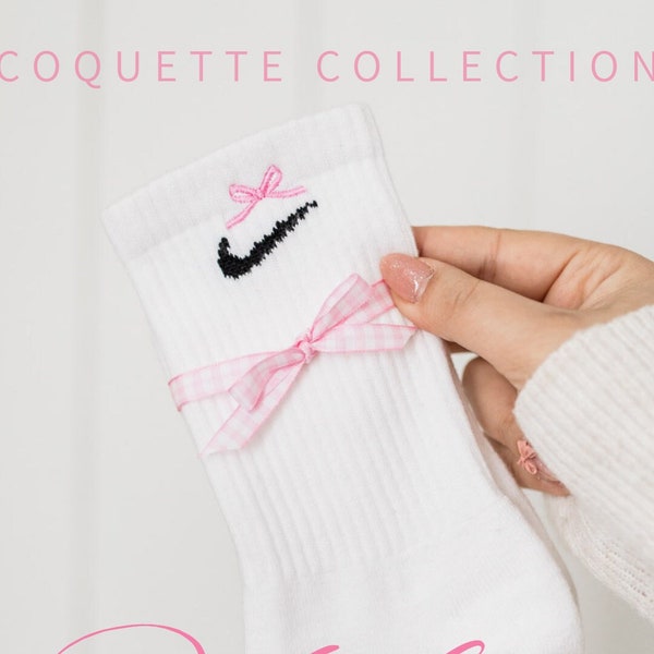 Bow Embroidered Socks, Coquette Bow Embroidered Socks, Coquette, Ribbon Embroidered Socks, Girly Socks, Trendy Socks, Bow Socks, Crew Socks