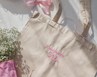 Custom Embroidered Bow and Name Tote Bag, Personalized Tote Bag, Embroidered Bow Tote Bag, Embroidered Tote, Coquette Aesthetic, Coquette