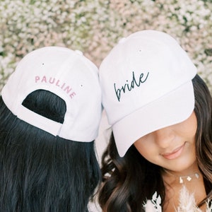 Custom Embroidered Bride Hat, White Bride Hat Gift, Bachelorette Party Gifts, Bridesmaid and Bride Matching Hats, Bachelorette Gift, Bride image 1
