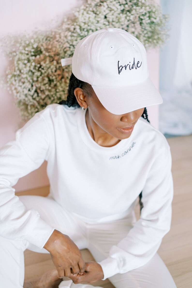 Custom Embroidered Bride Hat, White Bride Hat Gift, Bachelorette Party Gifts, Bridesmaid and Bride Matching Hats, Bachelorette Gift, Bride image 9