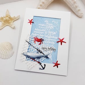 Maritime Karte handgemacht und handkoloriert, Klappkarte mit Umschlag