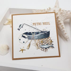 Karte für einen Angler handgemacht und handaquarelliert, Klappkarte mit Umschlag