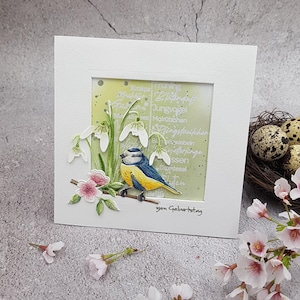 Geburtstagskarte mit Blumen und Vogel, handgemacht und handaquarelliert, Klappkarte mit Umschlag