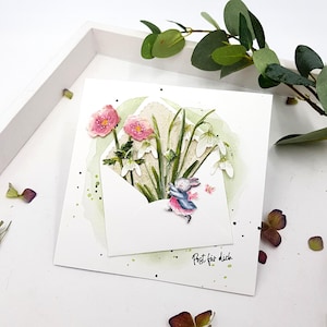 Karte mit Blumen und Hasen,  handgemacht und handaquarelliert, Klappkarte mit Umschlag