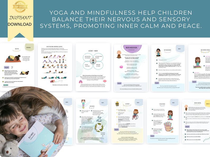 K&ouml;nnte beinhalten: Ein druckbarer Leitfaden mit Illustrationen und Text zu Yoga und Achtsamkeit f&uuml;r Kinder. Der Leitfaden enth&auml;lt Posen, Atem&uuml;bungen und Meditationstechniken, um Kindern zu helfen, ihr Nerven- und Sinnessystem auszugleichen und innere Ruhe und Frieden zu f&ouml;rdern.