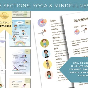 K&ouml;nnte beinhalten: Ein buntes, druckbares Arbeitsbuch mit Illustrationen von Kindern, die Yoga-Posen einnehmen. Das Arbeitsbuch ist in sechs Abschnitte unterteilt: Stehen, Balancieren, Erdung, Atmung, Achtsamkeit und Beruhigung. Der Text auf der Seite lautet: "Dieses Arbeitsbuch ist in sechs Abschnitte unterteilt: Stehen, Balancieren, Erdung, Atmung, Achtsamkeit und Beruhigung."