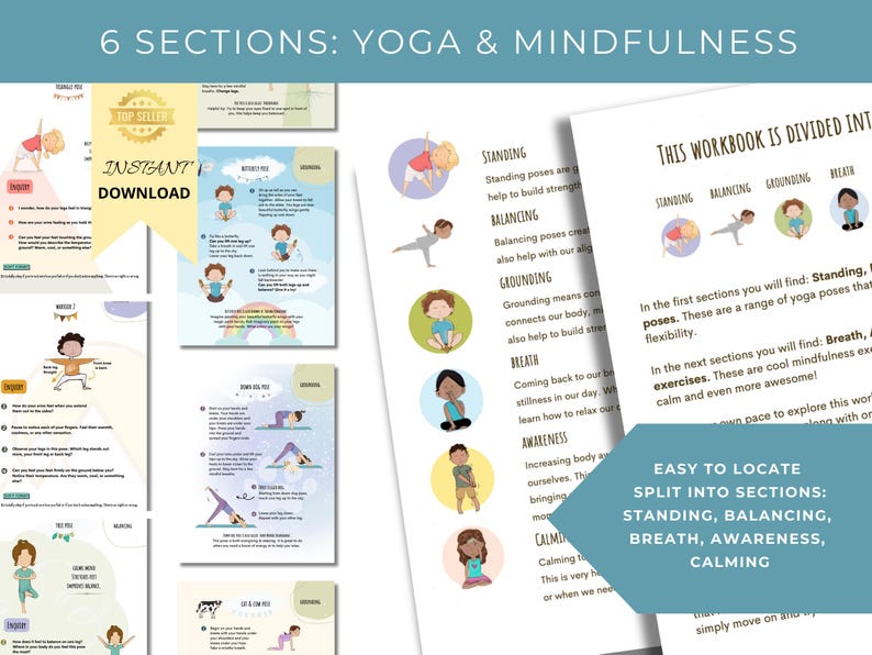 K&ouml;nnte beinhalten: Ein buntes, druckbares Arbeitsbuch mit Illustrationen von Kindern, die Yoga-Posen einnehmen. Das Arbeitsbuch ist in sechs Abschnitte unterteilt: Stehen, Balancieren, Erdung, Atmung, Achtsamkeit und Beruhigung. Der Text auf der Seite lautet: "Dieses Arbeitsbuch ist in sechs Abschnitte unterteilt: Stehen, Balancieren, Erdung, Atmung, Achtsamkeit und Beruhigung."