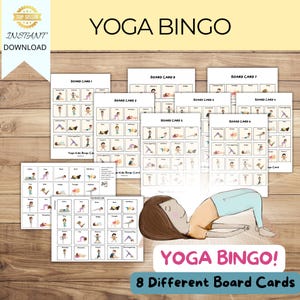 Bingo de yoga, juego de yoga para niños, actividad de mindfulness, descanso mental, tarjeta de movimiento, tarjeta de yoga imprimible, afirmación positiva, yoga en el aula