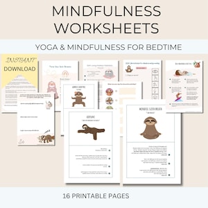 Könnte beinhalten: Ein Set mit 16 druckbaren Achtsamkeits-Arbeitsblättern für die Schlafenszeit mit Yoga-Posen und Atemübungen, die mit niedlichen Faultieren illustriert sind. Die Arbeitsblätter beinhalten Titel wie "Achtsamer Faultier-Atem", "Flugzeug" und "Göttin-Faultier-Pose".