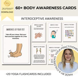 Tarjetas de yoga y mindfulness para niños, tarjetas de yoga imprimibles, actividades de conciencia corporal, ejercicios somáticos, afirmaciones positivas, herramientas de aprendizaje socioemocional (SEL)