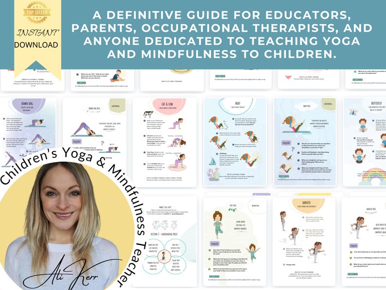 K&ouml;nnte beinhalten: Ein Leitfaden f&uuml;r P&auml;dagogen, Eltern und Therapeuten zum Unterrichten von Yoga und Achtsamkeit f&uuml;r Kinder. Der Leitfaden enth&auml;lt Illustrationen von Kindern in verschiedenen Yoga-Posen. Das Cover zeigt eine Frau mit einem gelben Kreis um den Kopf, auf dem der Text "Children's Yoga & Mindfulness Teacher" steht.