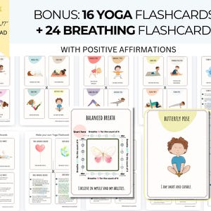 K&ouml;nnte beinhalten: Ein Satz druckbarer Yoga- und Atemkarten f&uuml;r Kinder. Die Karten zeigen farbenfrohe Illustrationen von Yoga-Posen und Atem&uuml;bungen sowie positive Affirmationen. Der Text auf den Karten lautet "Bonus: 16 Yoga-Karten + 24 Atemkarten mit positiven Affirmationen".