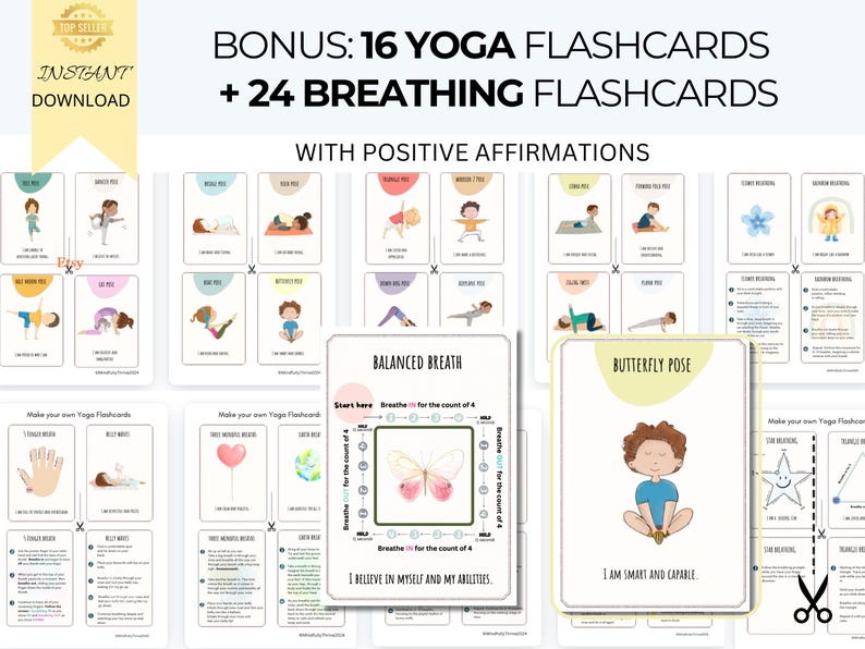 K&ouml;nnte beinhalten: Ein Satz druckbarer Yoga- und Atemkarten f&uuml;r Kinder. Die Karten zeigen farbenfrohe Illustrationen von Yoga-Posen und Atem&uuml;bungen sowie positive Affirmationen. Der Text auf den Karten lautet "Bonus: 16 Yoga-Karten + 24 Atemkarten mit positiven Affirmationen".