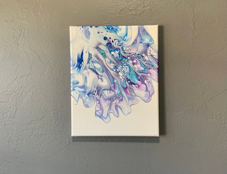 8x10 in. Wall art Silver Blue Home decor Wall decor Purple White Abstract Acrylic Pour Painting on Canvas Original Fluid Art