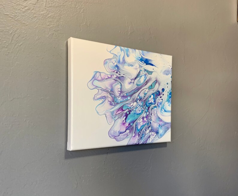 8x10 in. Wall art Silver Blue Home decor Wall decor Purple White Abstract Acrylic Pour Painting on Canvas Original Fluid Art