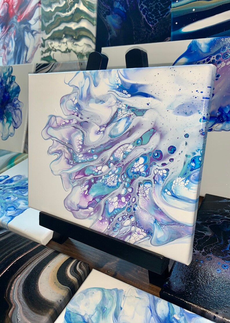 8x10 in. Wall art Silver Blue Home decor Wall decor Purple White Abstract Acrylic Pour Painting on Canvas Original Fluid Art
