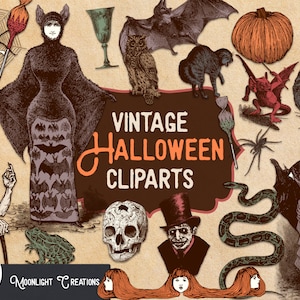 Cliparts Vintage Halloween, illustrations vintages effrayantes et gothique en couleurs pour scrapbook numérique ou à imprimer, Halloween PNG