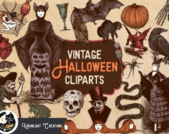 Vintage Halloween Clipart, Halloween PNG Illustrations in color for print or digital scrapbooking, Commercial Use