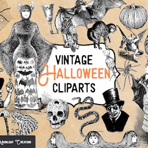 Ensemble de cliparts d'Halloween en noir et blanc à personnaliser, cliparts d'Halloween vintages aux styles rétro et gothique.