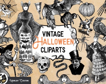 Aanpasbare zwart-wit Halloween clipart set, vintage Halloween clipart in retro en gotische stijlen.