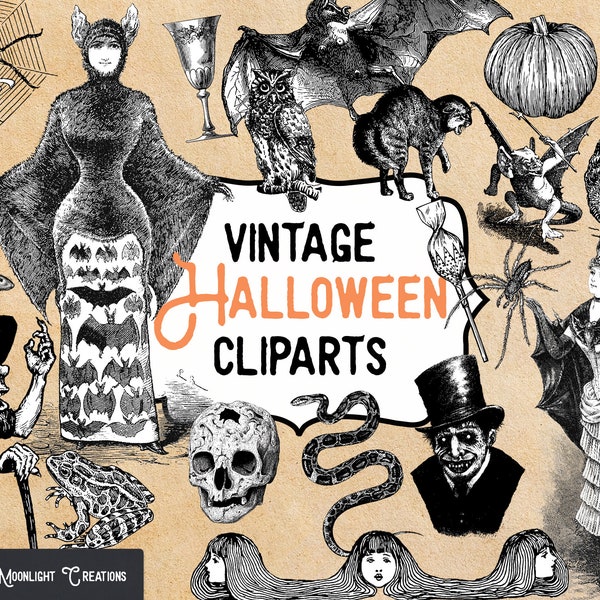 Vintage Halloween cliparts, illustrations vintages effrayantes et gothique en noir et blanc pour scrapbook numérique ou à imprimer