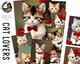 Cute Kittens with bow tie, Cat Collage Sheets, Cat Journal Paper, Vintage Kitten Cliparts, Journaling Paper, Cat Ephemera Pack