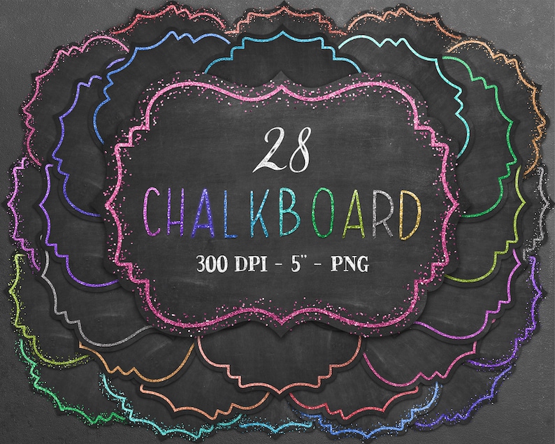 Chalkboard labels with decorative glitter borders Rainbow png frames for commercial use and instant downloard, scrapbooking frames image 1