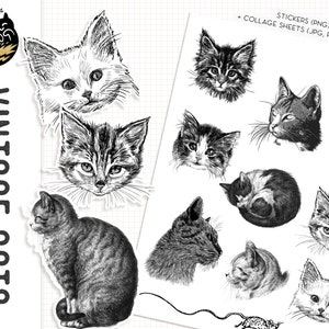 Stickers de Chats Vintage à Imprimer, Autocollants de Chats Noirs et Blancs PNG, Stickers Numériques à télécharger pour Cricut, Scrapbooking