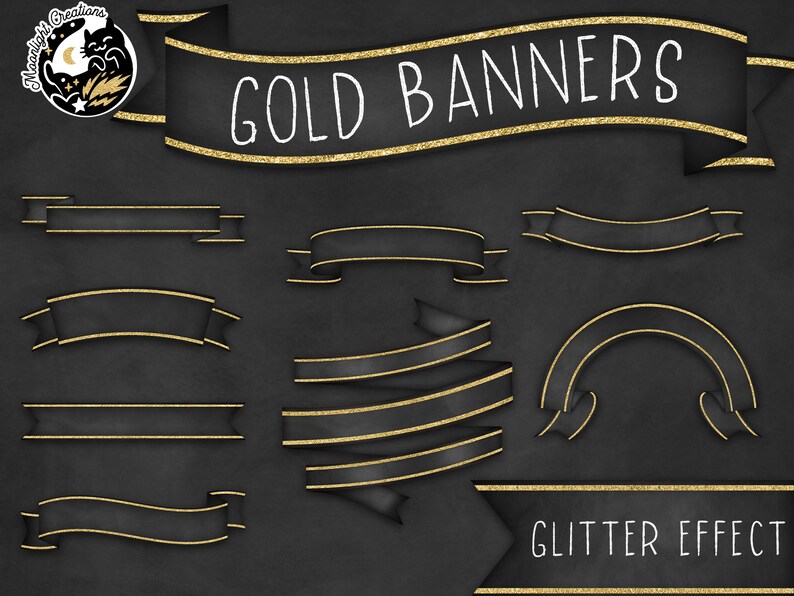 Chalkboard Ribbon Banners Clipart, Gold Ribbon Banners, Gold Glitter Banners, Black and Gold Ribbons, Hand Drawn Ribbons, Commercial Use image 2