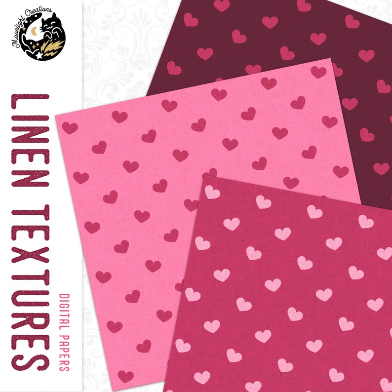 Pink Digital Paper Pack, Pink Linen Digital Paper, Heart Digital Paper, Mother's Day Paper, Pink Seamless Pattern, Commercial Use, Download image 3