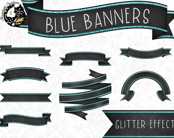 Black and Teal Banners Clipart, Digital Chalkboard Clipart con Glitter Borders, Black and Blue Ribbons, School Clipart PNG