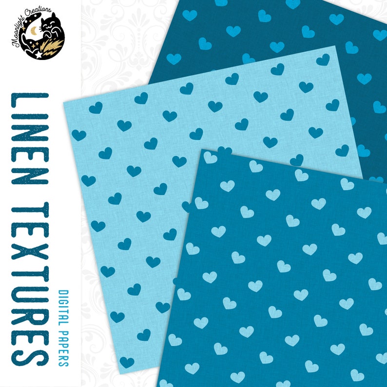 Blue Digital Paper Pack, Blue Linen Digital Paper, Heart Digital Paper, Father's Day Paper, Blue Seamless Pattern, Commercial Use, Download image 3