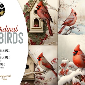 Northern Cardinal Bird Illustrationen, Junk Journal Karten, druckbare Karten, Kunstdesigns, Scrapbooking Ephemera, digitaler Download