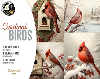 Red Cardinal Birds Junk Journal Cards, Printable Digital Art Designs, Collage Sheets and JPG Images, Instant Download, CU, Postcards Set