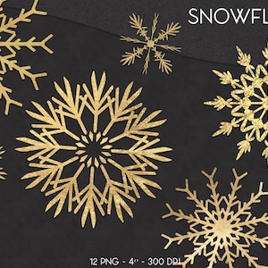 Cliparts dorés Flocons de neige, à télécharger, flocons dorés cliparts, flocons brillants cliparts, Noël doré, cliparts Noël, PNG, digital