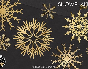 Gold snowflakes clip art, gold glitter, gold foil, hand drawn snowflakes, christmas clip art, gold winter, download