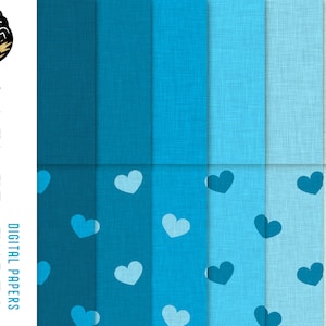 Blue Digital Paper Pack, Blue Linen Digital Paper, Heart Digital Paper, Father's Day Paper, Blue Seamless Pattern, Commercial Use, Download image 1