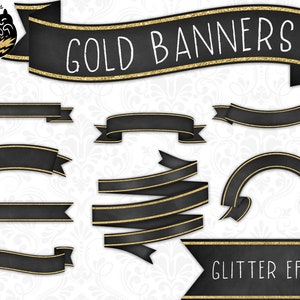 Chalkboard Ribbon Banners Clipart, Gold Ribbon Banners, Gold Glitter Banners, Black and Gold Ribbons, Hand Drawn Ribbons, Commercial Use