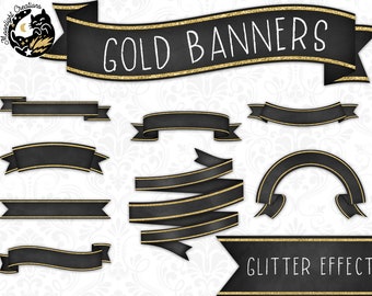 Chalkboard Ribbon Banners Clipart, Gold Ribbon Banners, Gold Glitter Banners, Black and Gold Ribbons, Hand Drawn Ribbons, Commercial Use