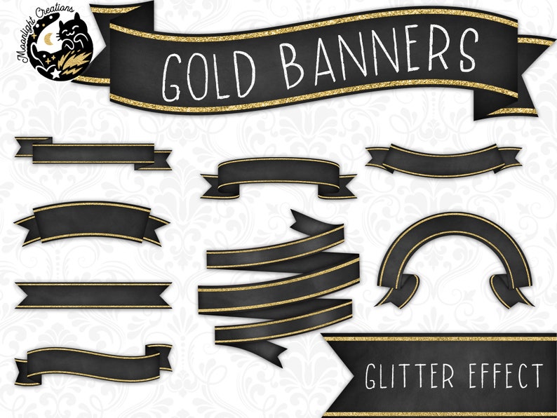 Chalkboard Ribbon Banners Clipart, Gold Ribbon Banners, Gold Glitter Banners, Black and Gold Ribbons, Hand Drawn Ribbons, Commercial Use image 1