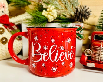 Christmas Believe Mug, Red Speckled Holiday Coffee Cup with Snowflakes, Festive Ceramic Mug, Christmas Gift for Coffee Lovers