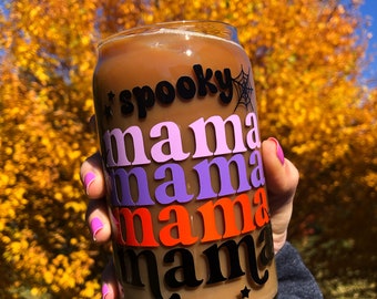 Spooky Mama Iced Coffee Glass, Spider Cup, Halloween Glass, Coffee Cup for Mom, Fall Glass, Retro Art, Mama Cup, Gift for Mom, Beer Can Cup