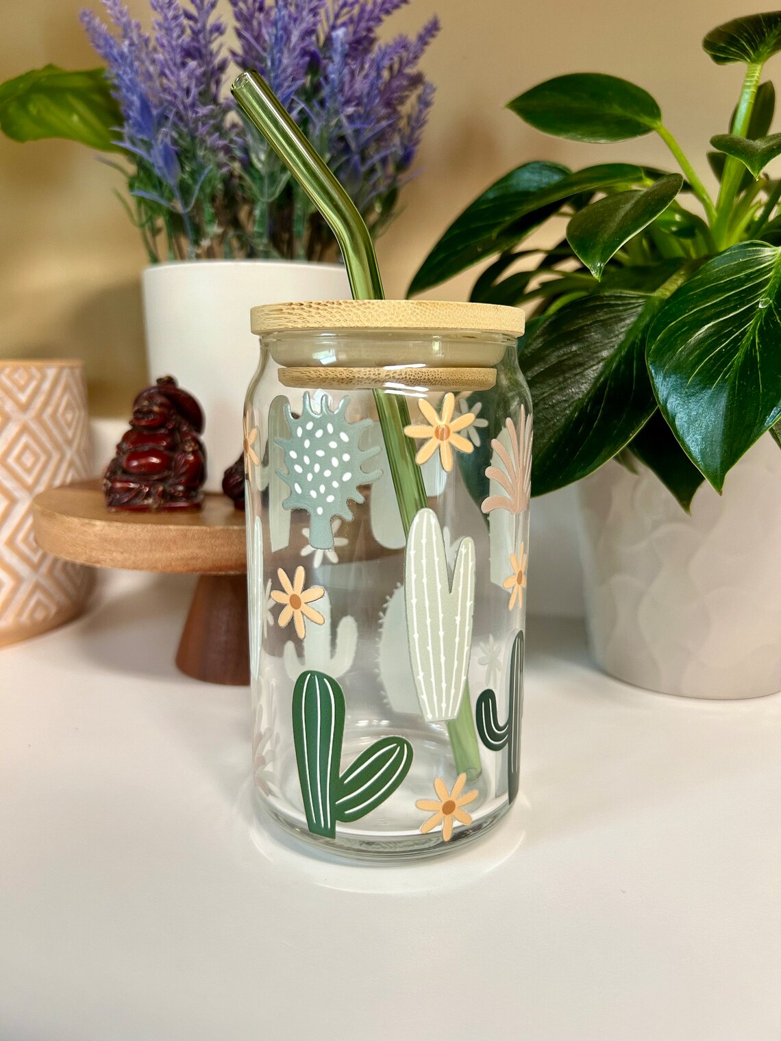 16oz Cactus Glass Cup With Bamboo Lid and Straw, Iced Coffee Cup, Boho ...