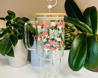 40oz Glass Tumbler with Handle, Mushroom Cup, Cottagecore Iced Coffee Tumbler, Fairycore Coffee Cup, Fungi Tumbler, Viral Glass Tumbler